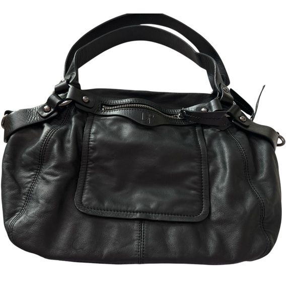 DONALD J PLINER black leather satchel purse, zip close, outside pocket, straps - Picture 1 of 5